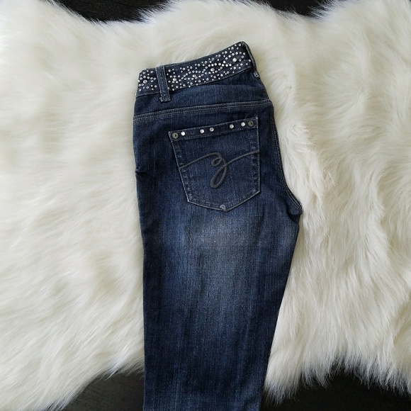 Skinny Dark Wash Ripped Jeans with Rhinestones - Picture 4 of 8
